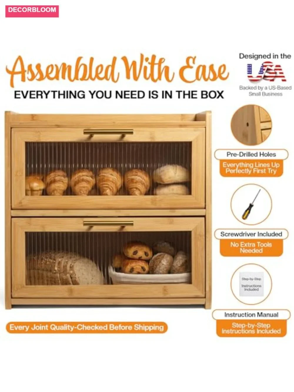 Extra Large Bamboo Bread Box Double Layer Wooden Storage with Acrylic Windows